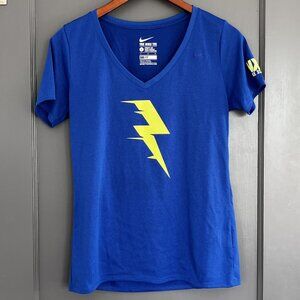 Nike Dri-Fit Tee NXR 2015 Women's Large L Athletic Cut Blue V-Neck Running Shirt